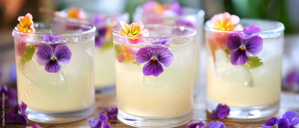 Three glasses of lemonade adorned with vibrant flowers create a refreshing and cheerful scene. Three glasses of lemonade adorned with vibrant flowers create a refreshing and cheerful scene.
