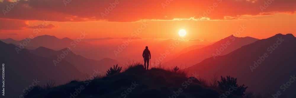 A silhouette stands on a mountain peak at sunset, capturing the beauty of nature and the tranquility it offers, ideal for travel, adventure, and wellness themes. A silhouette stands on a mountain peak at sunset, capturing the beauty of nature and the tranquility it offers, ideal for travel, adventure, and wellness themes.