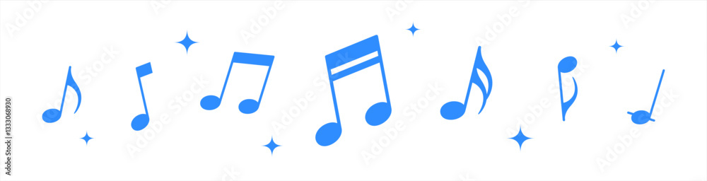 Blue clef music notes key musical border illustration divider clipart, vector stock illustration.