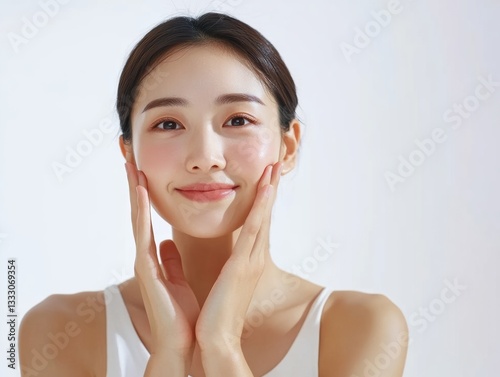Skincare routine steps indoor studio portrait photography bright background front view beauty concept