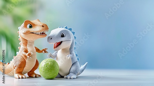 Fototapeta Naklejka Na Ścianę i Meble -  Two colorful dinosaur figurines play with a green ball in a bright, cheerful setting