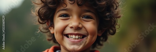 A joyful young boy with curly hair smiles brightly in a natural setting, capturing the essence of childhood happiness and innocence.