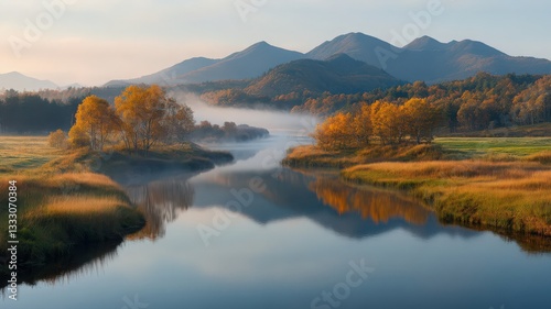 Autumn River Landscape with Misty Mountains and Colorful Trees at Sunrise