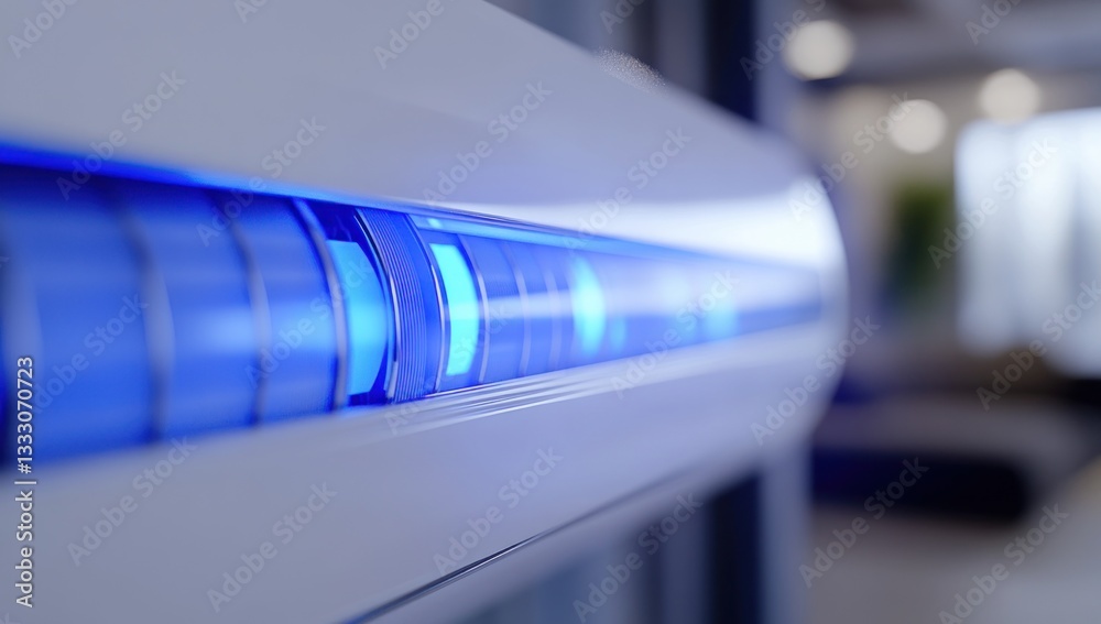 Fototapeta premium Futuristic Air Conditioner Control Panel: Close-up view of a sleek, modern air conditioner with glowing blue control panel lights, showcasing advanced technology and design.
