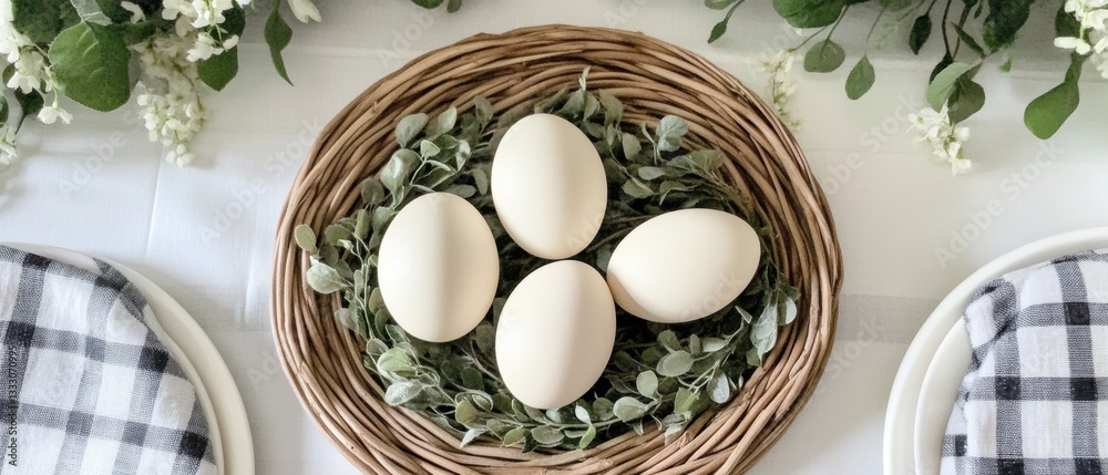 Three eggs nestled in a basket surrounded by greenery on a rustic table. Three eggs nestled in a basket surrounded by greenery on a rustic table.