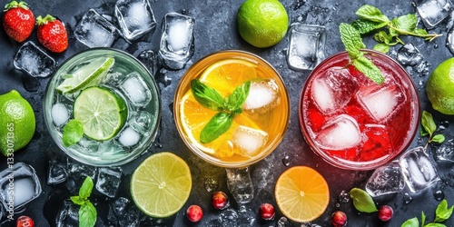 Three refreshing drinks with ice and fruit for a cool summer treat.