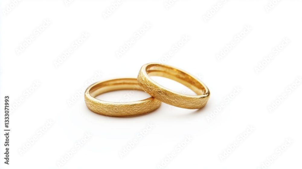Two elegant gold wedding rings resting on a smooth white surface. Two elegant gold wedding rings resting on a smooth white surface.