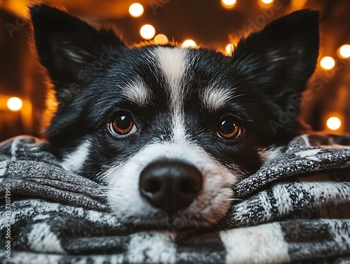 Cozy Dog for Festive Lights, Winter Blanket.