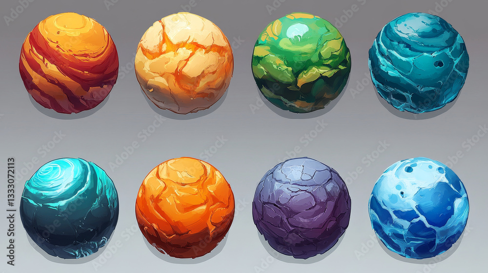 Cartoon fantasy planets. Colorful alien round space objects with different texture atmosphere and color, covered with rocks, acid, water. Vector game asset. Galaxy universe with bright elements Cartoon fantasy planets. Colorful alien round space objects with different texture atmosphere and color, covered with rocks, acid, water. Vector game asset. Galaxy universe with bright elements