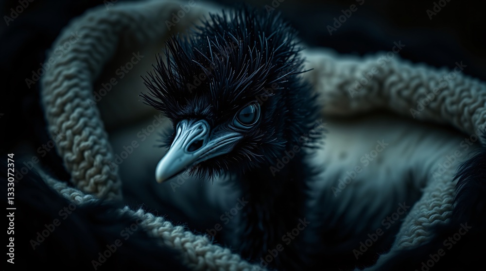 Fototapeta premium Black Baby hatchling bird in dark moody lighting with a mysterious atmosphere