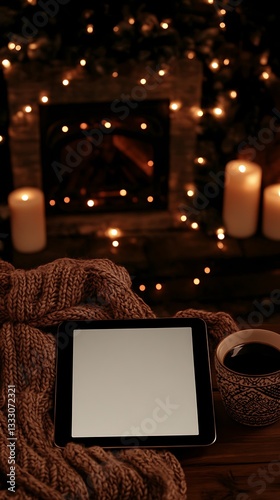 Cozy Fireplace Tablet Mockup for Winter Night.