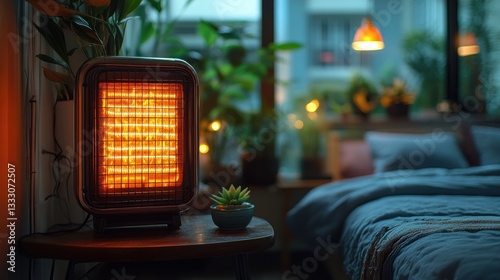 Warm night, heater in bedroom, plants, city view