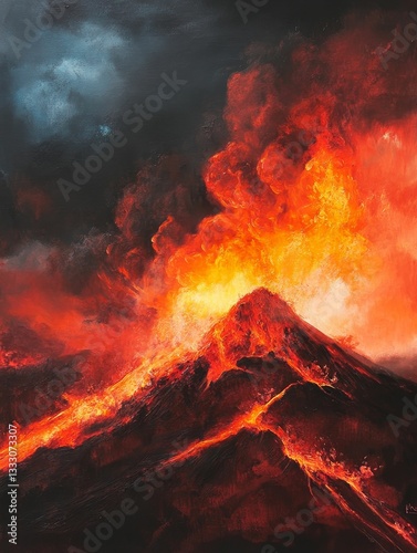 Fiery volcano erupts against stormy sky