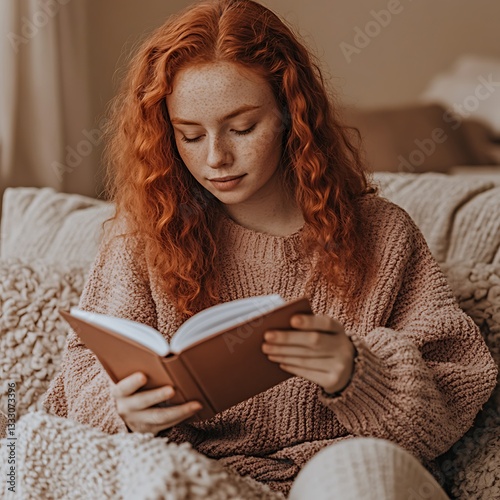 Cozy Home Reading: Young Woman on Sofa.