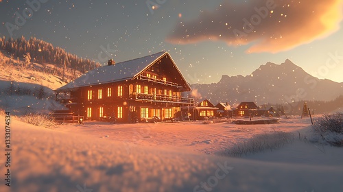Cozy Mountain Chalet Sunset for Snowy Alps.