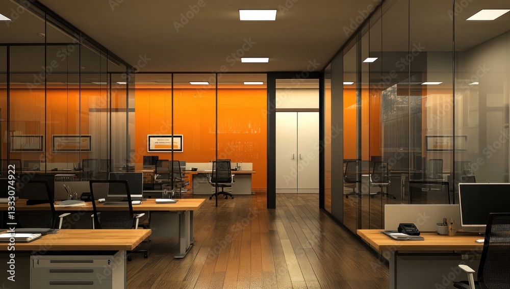 Fototapeta premium Modern Orange Office Interior Design: A Sleek and Efficient Workspace