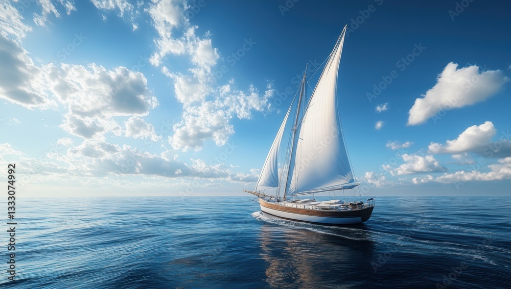Fototapeta premium Sailboat sailing on calm blue ocean under bright sky with fluffy clouds peaceful scenic seascape symbolizing adventure freedom