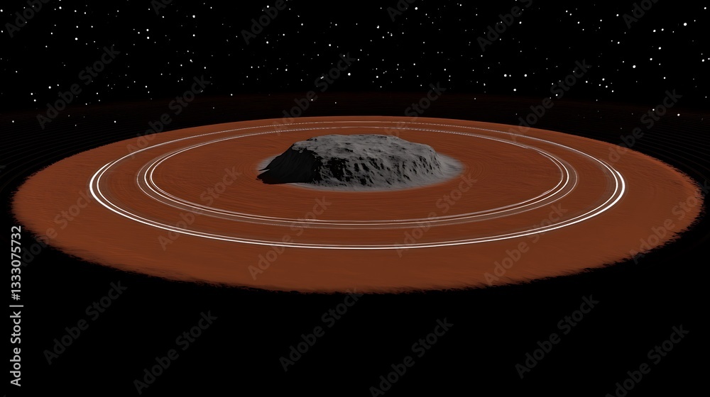 Obraz premium An isolated rocky celestial body surrounded by planetary rings and stars