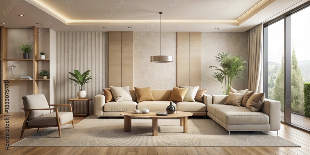 Fototapeta premium Modern beige living room with sleek low-profile furniture and minimal decor