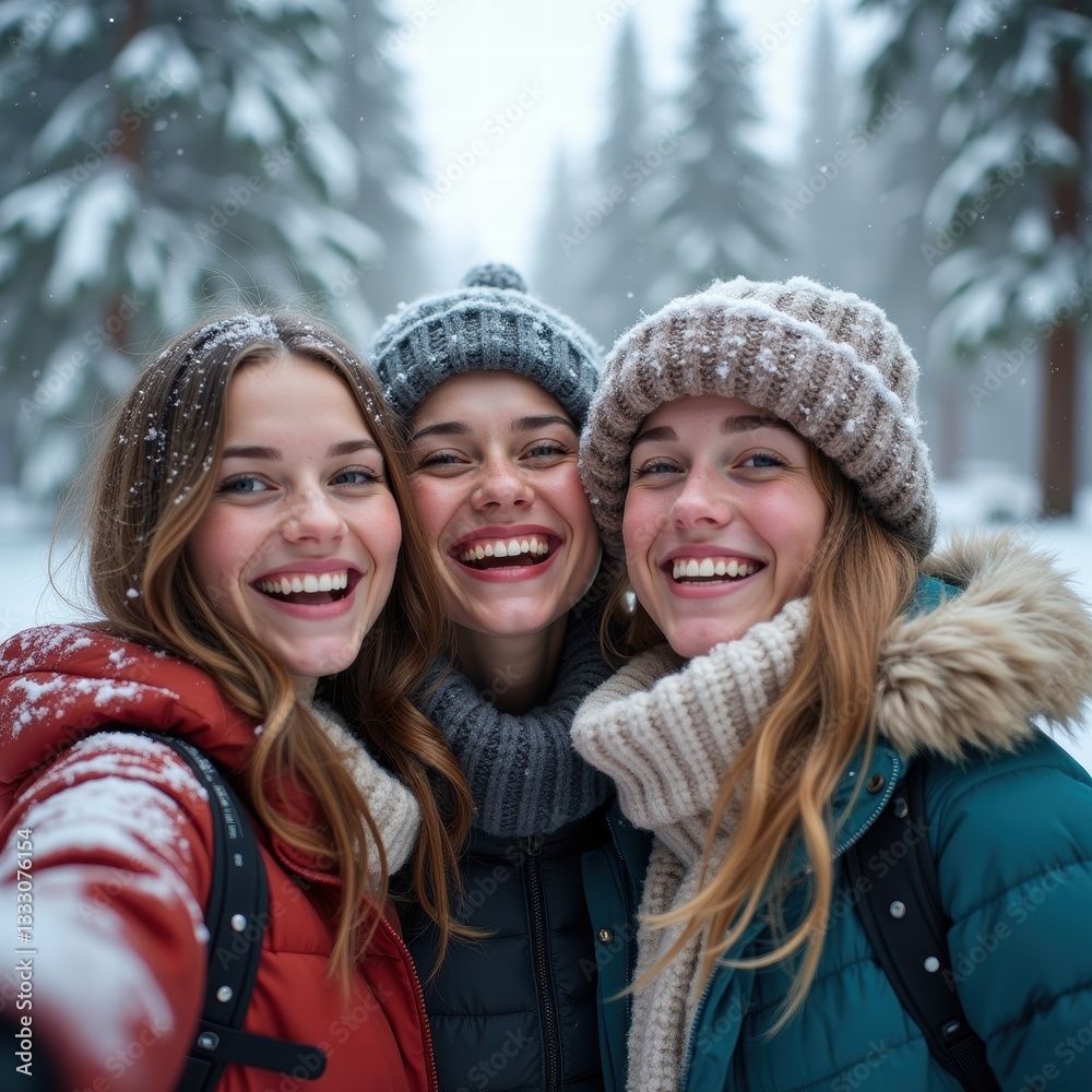 Three friends enjoy a winter day in a snowy landscape, smiling and sharing a joyful moment together, perfect for themes of friendship, adventure, and seasonal activities. Three friends enjoy a winter day in a snowy landscape, smiling and sharing a joyful moment together, perfect for themes of friendship, adventure, and seasonal activities.