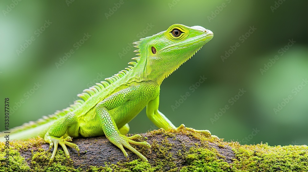 A vibrant green lizard is perched atop a mossy branch looking alert A vibrant green lizard is perched atop a mossy branch looking alert