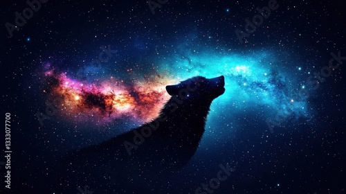Wolf howling under cosmic sky space digital art nebula background side view animal spirit representation