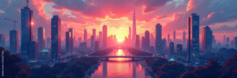 Obraz premium A breathtaking skyline at sunset, showcasing modern skyscrapers and a serene river, perfect for urban development themes and architectural presentations.