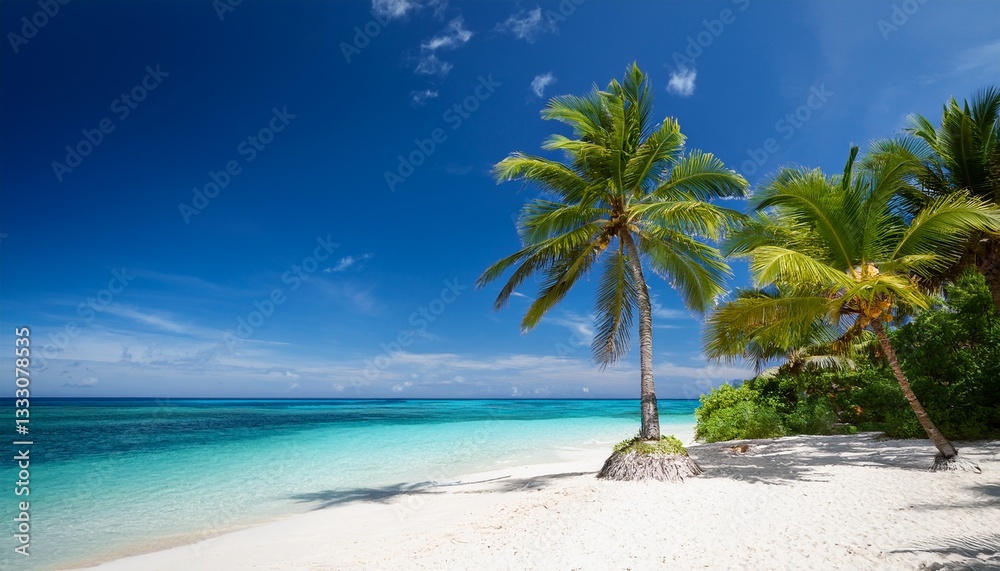 Obraz premium palm trees lean over white sand crystal clear ocean meets blue sky