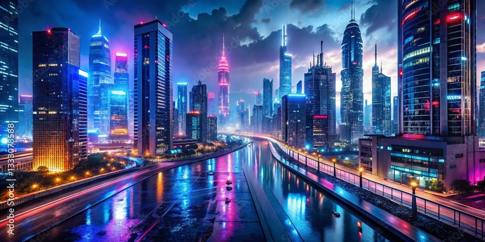 Naklejka premium Vibrant Cyberpunk City Nightscape: Ultra HD Urban Skyline Wallpaper