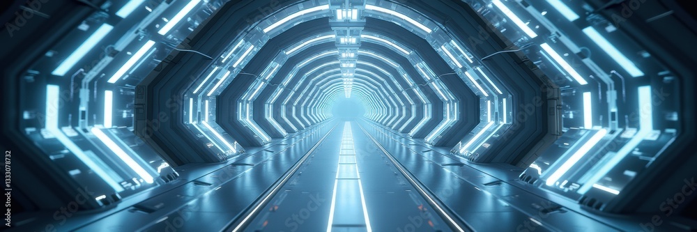 Obraz premium A futuristic tunnel with glowing lights, perfect for tech, sci-fi, or innovation-related projects. Ideal for digital art, presentations, or immersive experiences.