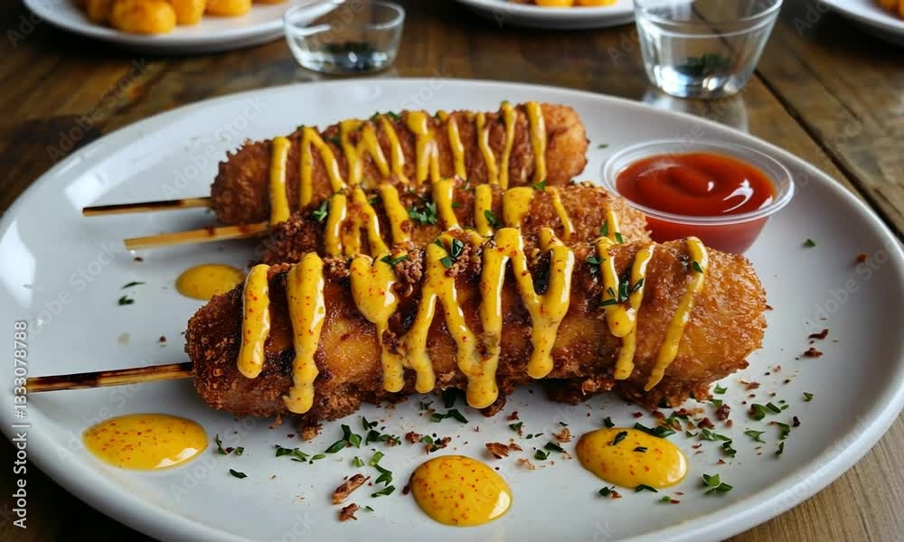 Deliciously plated crispy corn dogs drizzled with mustard and ketchup on a rustic wooden table Deliciously plated crispy corn dogs drizzled with mustard and ketchup on a rustic wooden table