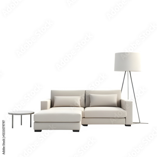 Minimalist 3D living room icon with modern furniture, soft beige tones, cozy sofa, floor lamp, framed art, and decorative vases, perfect for interior design concepts