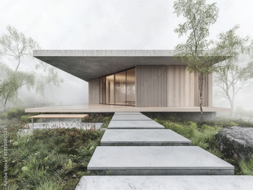 Fototapeta premium A minimalist modern house surrounded by trees and lush greenery