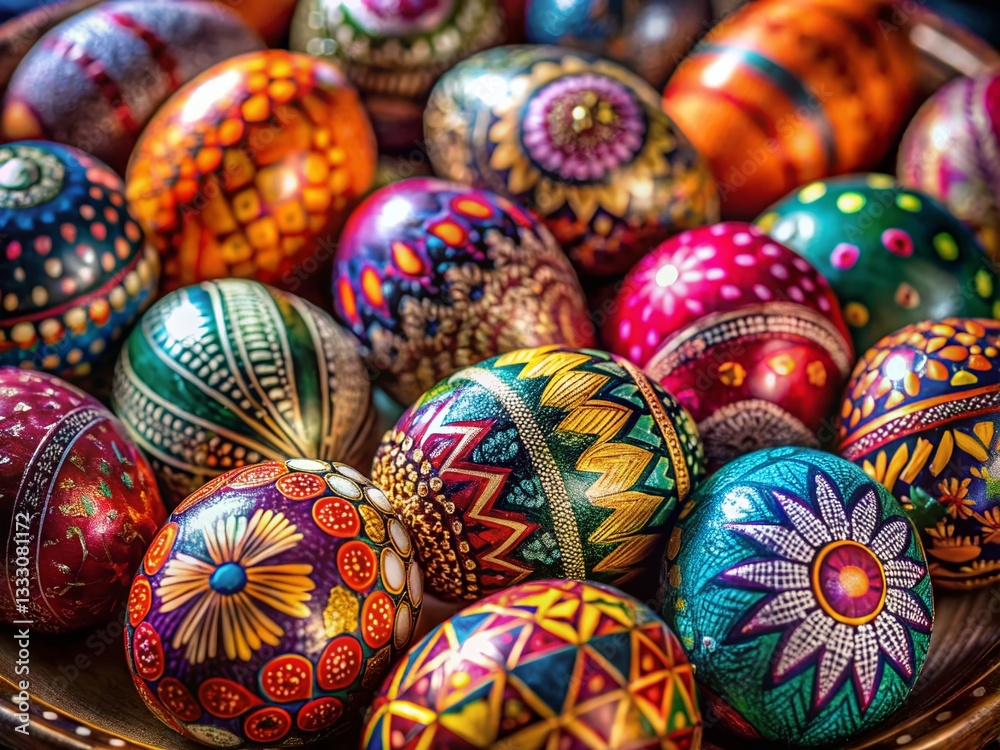 Fototapeta premium Vibrant Easter Egg Patterns: Low Light Decorative Arrangement