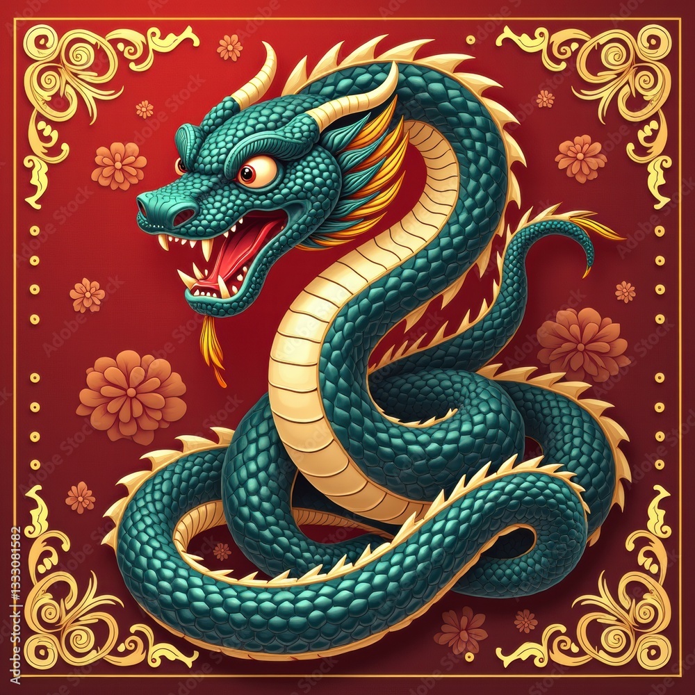 Fototapeta premium Vivid illustration of a fierce dragon adorned with floral patterns on a bold red background, perfect for celebrations, cultural events, or branding in Asian-themed businesses.