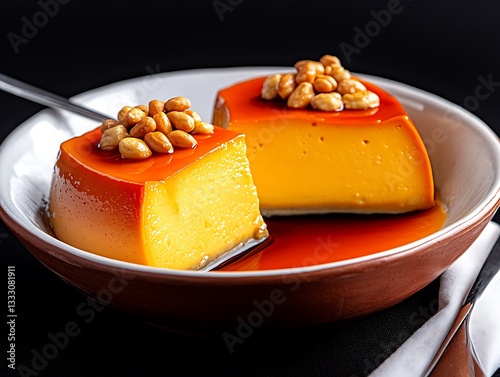Creamy Caramel Flan for Nuts, Dessert Plate.