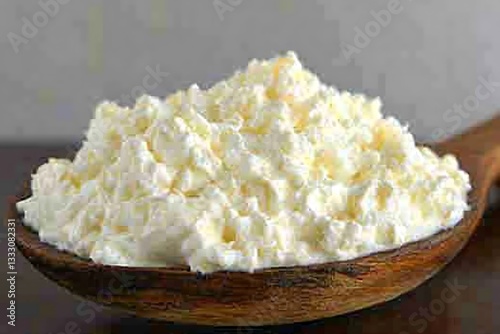 Creamy Cottage Cheese in Wooden Spoon.