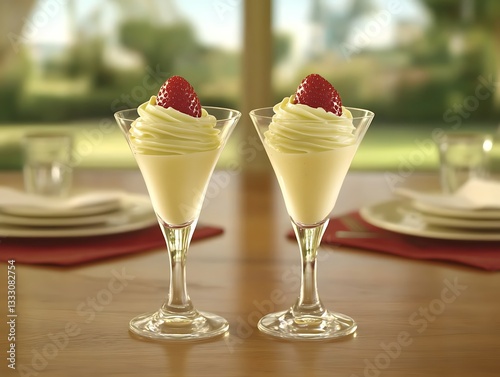 Creamy Dessert for Strawberry Garnish, Table Setting.