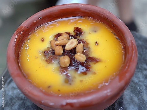 Creamy Dessert for Street Food, Clay Bowl, Asian Cuisine.