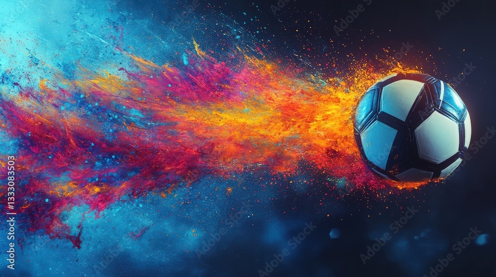 Fototapeta premium The silhouette of a soccer ball flying with a vibrant trail, set against a dynamic background with abstract, energetic splashes of neon colors