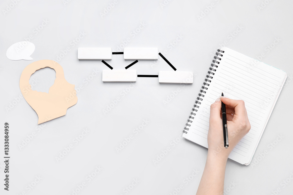 Woman writing in notebook on white background. Logic concept Woman writing in notebook on white background. Logic concept