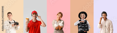 Set of teenagers of different professions on color background