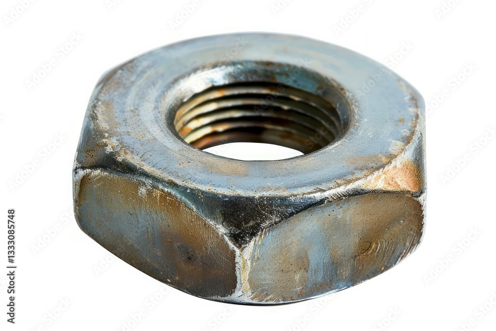 Rusty metal nut on white background. Artificial intelligence image