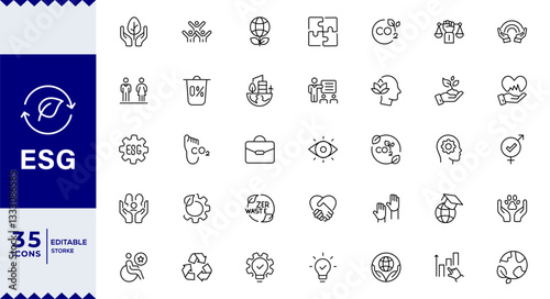 ESG icons,Pixel perfect Outline icon collection related to ecology modern ESG Icons - Ideal for Apps,  investor demand and more.stroke.