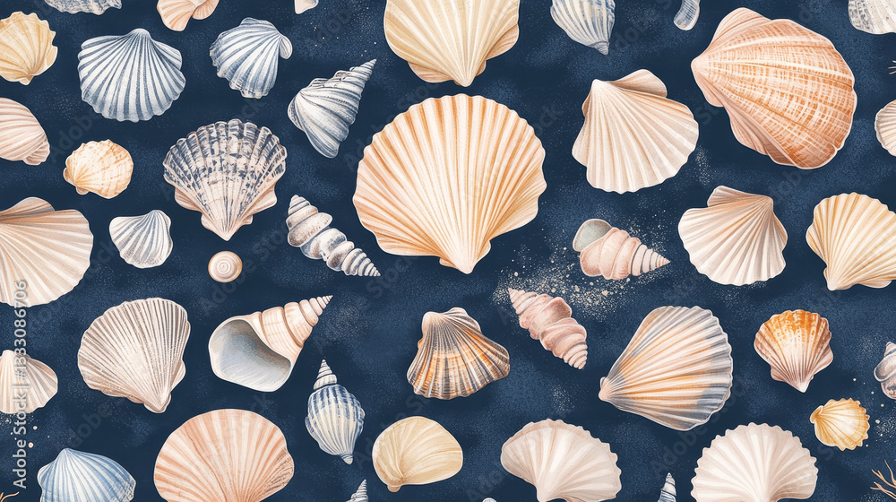 Seashell seamless pattern. Summer ocean print with clam shells, oysters, scallops and shellfish. Marine mollusk seashells vector wallpaper. Underwater wildlife on dark blue background Seashell seamless pattern. Summer ocean print with clam shells, oysters, scallops and shellfish. Marine mollusk seashells vector wallpaper. Underwater wildlife on dark blue background