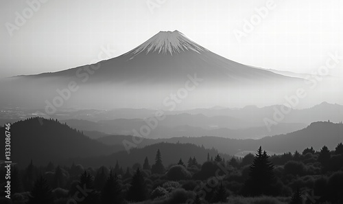 Majestic view of Mount Fuji in black and white, surrounded by misty landscapes, perfect for travel, nature, and wellness themes.