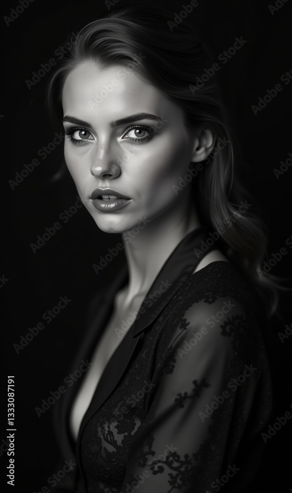 A striking black-and-white portrait of a confident woman, capturing elegance and beauty with dramatic lighting and depth. A striking black-and-white portrait of a confident woman, capturing elegance and beauty with dramatic lighting and depth.