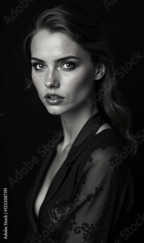 A striking black-and-white portrait of a confident woman, capturing elegance and beauty with dramatic lighting and depth.