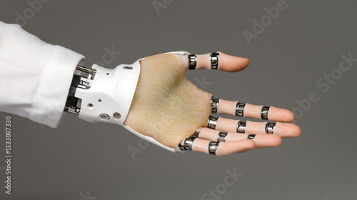 A futuristic prosthetic hand with living skin tissue, combining robotics and bioengineering