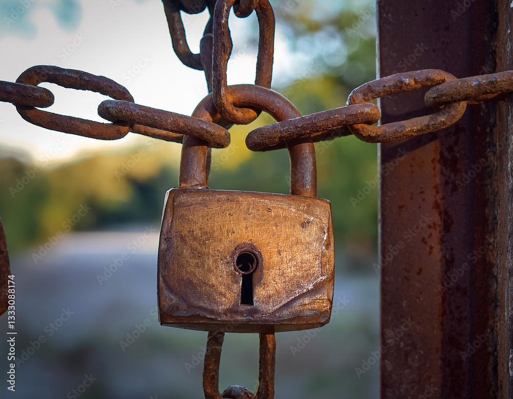 A rusted padlock hanging loosely on a corroded chain, conveying the insecurity created by failure A rusted padlock hanging loosely on a corroded chain, conveying the insecurity created by failure
